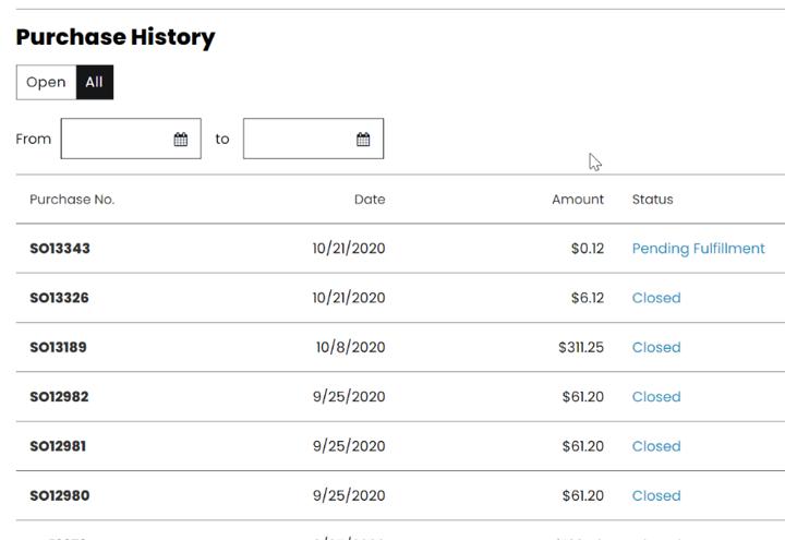 SuiteCommerce MyAccount Purchase History