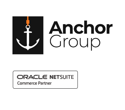 anchor group logo white and orange anchor on black rectangle above another logo, white rectangle with black outline and text oracle netsuite commerce partner