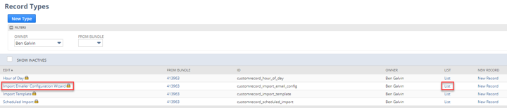 records list with import emailer configuration wizard highlighted 