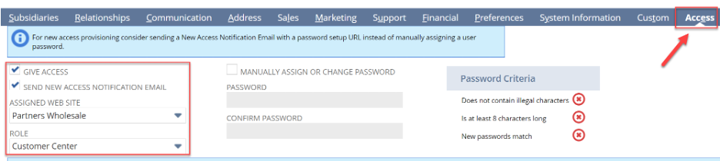 NetSuite customer record access subtab