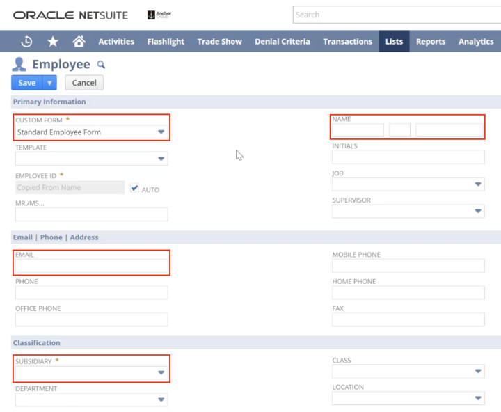 NetSuite Employee Record