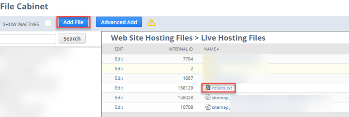 file cabinet containing robots.txt file, sitemap and add file button highlighted 