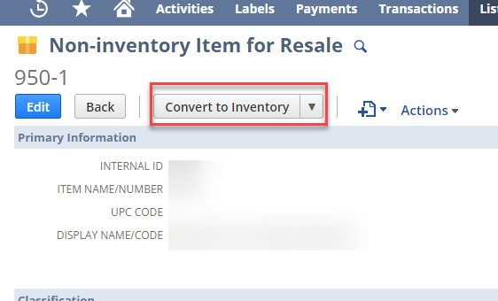 G/L Impact Notice: Can't Convert to Inventory Item