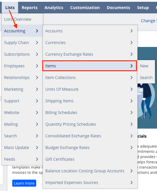 Item Navigation in NetSuite