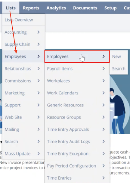 NetSuite Navigation Lists Relationships Employees