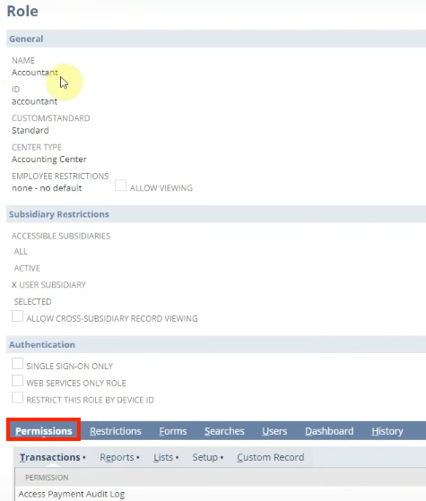 netsuite accountant role permissions tab