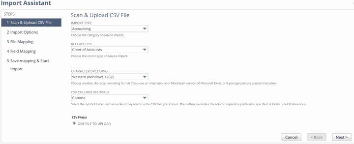 CSV file upload screen