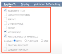 netsuite custom item field applies to subtab item type selections