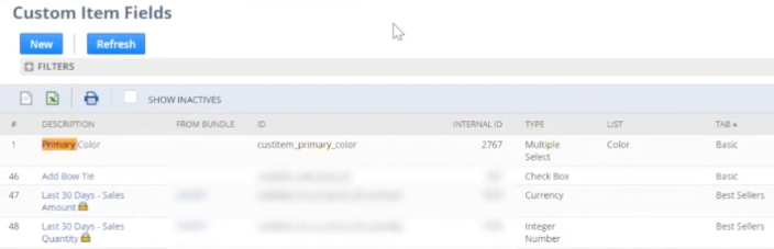 netsuite custom item field list