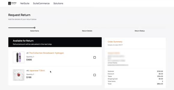 customer portal app netsuite request return select items