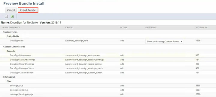 netsuite docusign preview bundle install