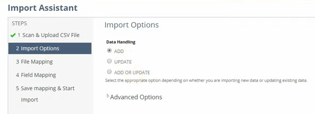 netsuite import assistant step 2 import options add or update