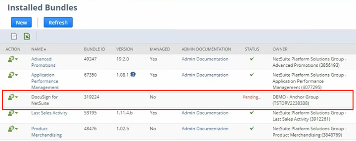 netsuite installed bundles docusign status pending