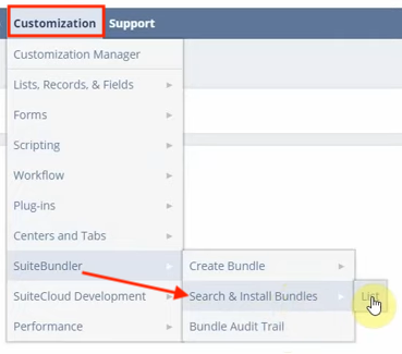 netsuite navigation customization suitebundler search and install bundles list