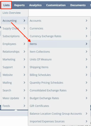 netsuite navigation lists accounting items