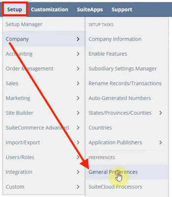 netsuite navigation setup company general preferences