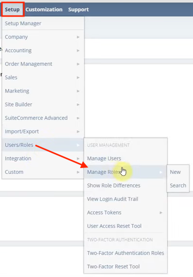 netsuite navigation setup users manage roles