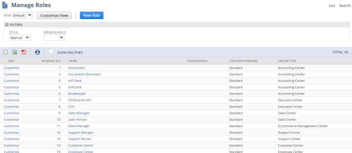 Custom roles and permissions screen in NetSuite