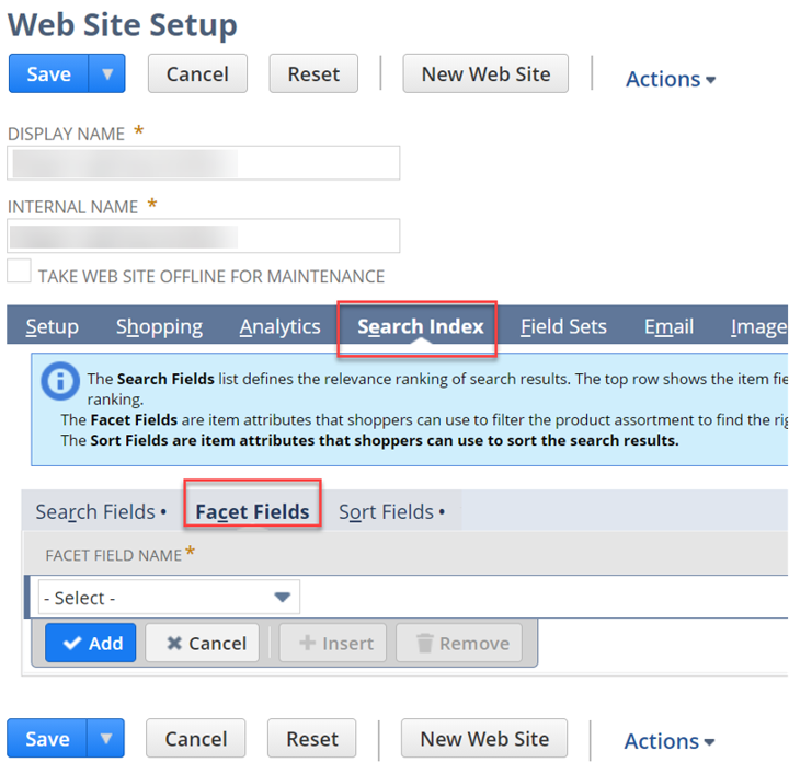 NetSuite search index facet fields