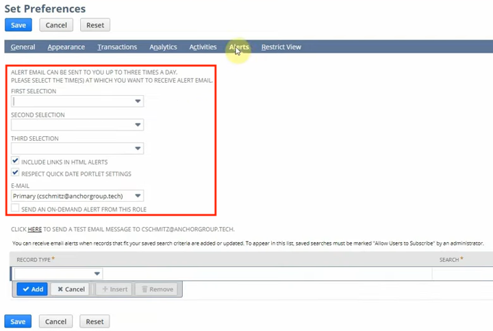 netsuite prefeernces alerts settings