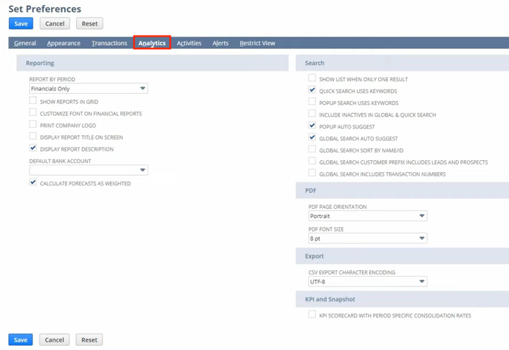 netsuite set preferences analytics tab