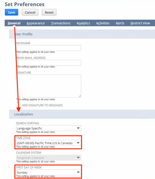 netsuite set preferences general localization