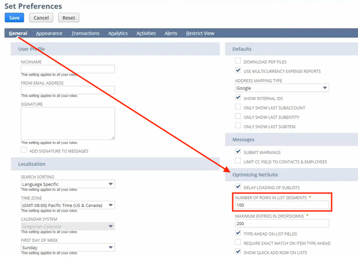 netsuite set preferences general optimize netsuite