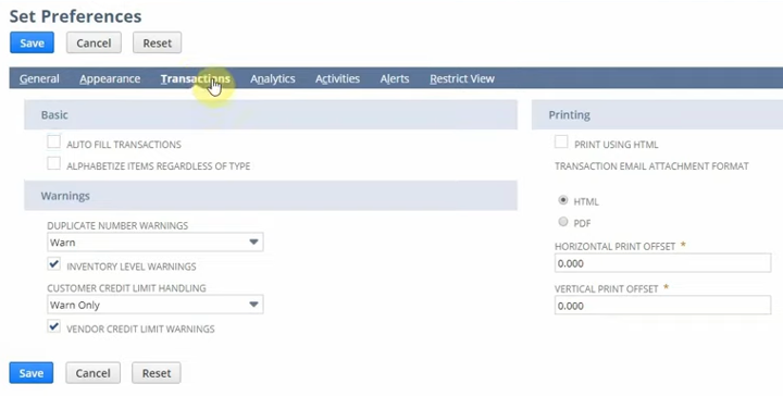 netsuite set preferences transaction tab