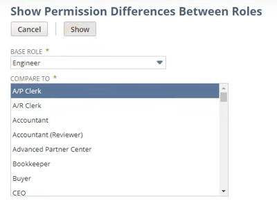 show permission differences between netsuite roles