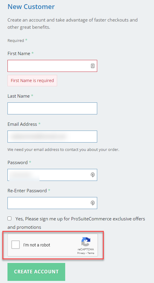 new customer register suitecommerce recaptcha