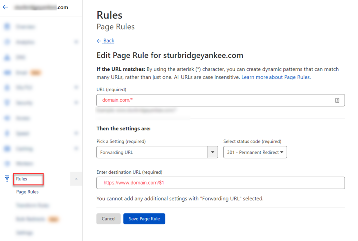 domain forwarding page rule suitecommerce