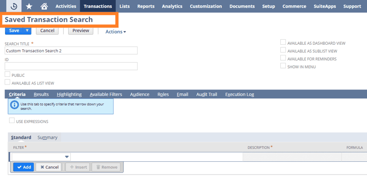 NetSuite Saved Search form