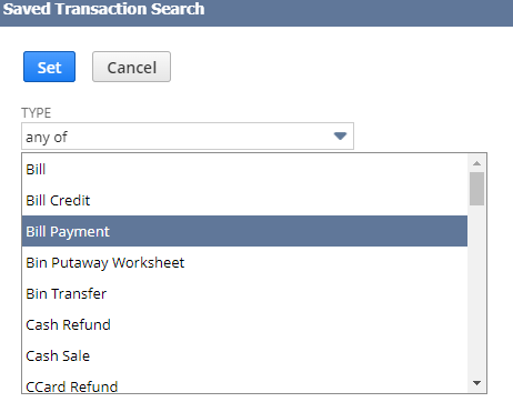 NetSuite Saved Search transaction search type