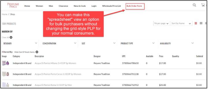 suitecommerce plp spreadsheet view