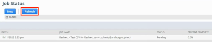 refresh redirect import job status