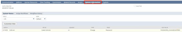 system information subtab netsuite employee record