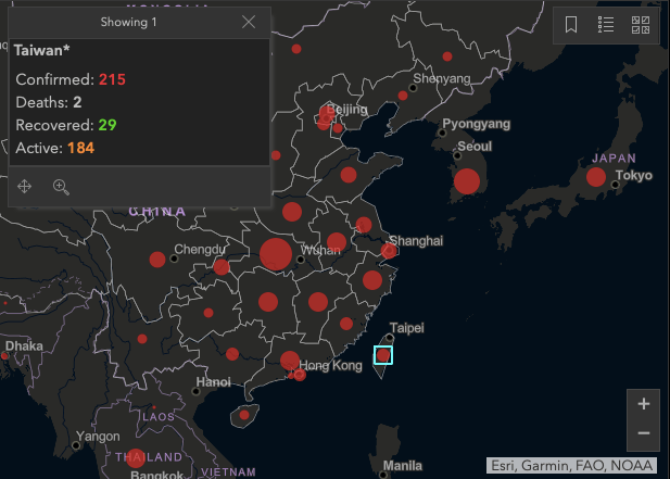 Johns Hopkins University's live map of the coronavirus contagion now counts Taiwan as a country.