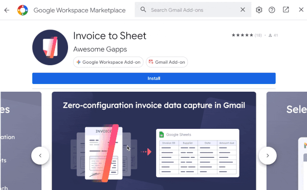 install invoice to sheet from the Google Workspace Marketplace