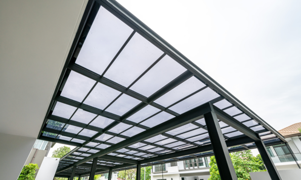 Modern building with transparent polycarbonate roof