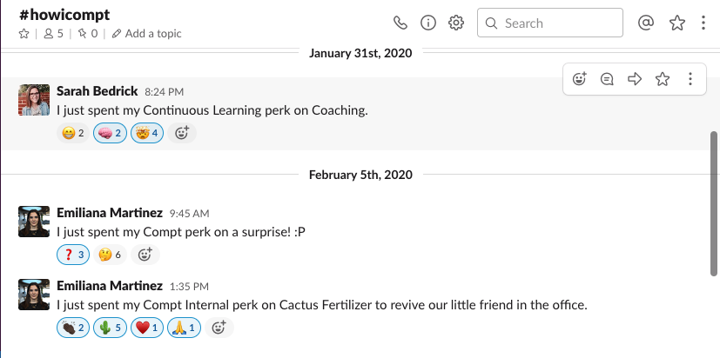 Example of sharing how employees use Compt when shared in a Slack message