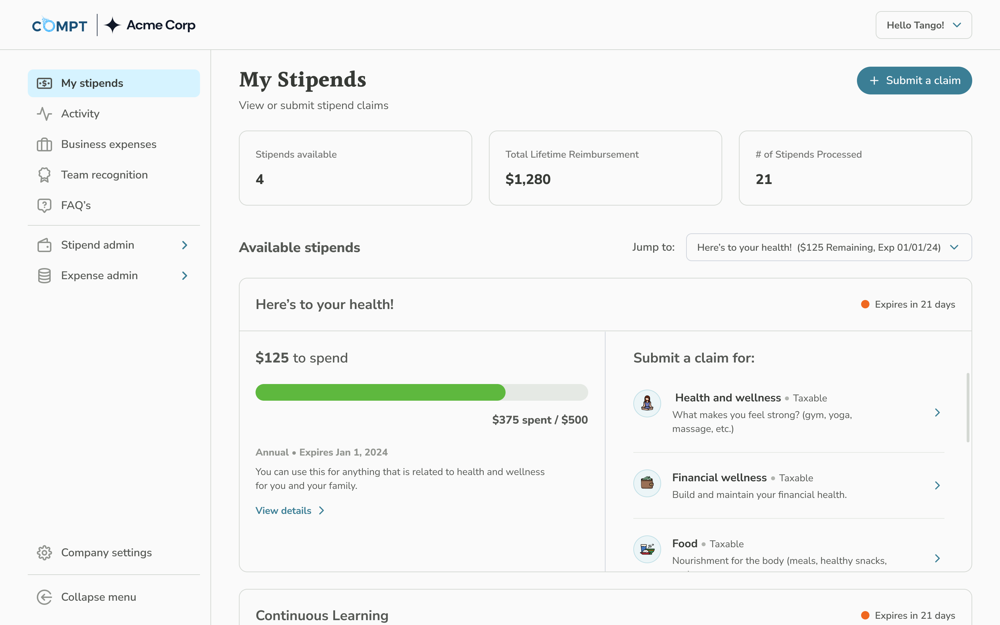 My Stipends Employee Experience Compt Platform Screenshot