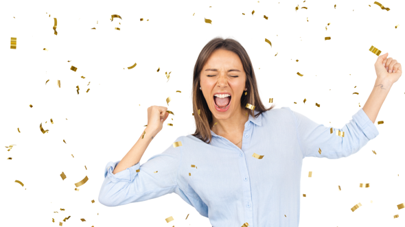 Woman cheering with gold confetti