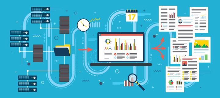 Vector graphic of virtual workflow from data to reports