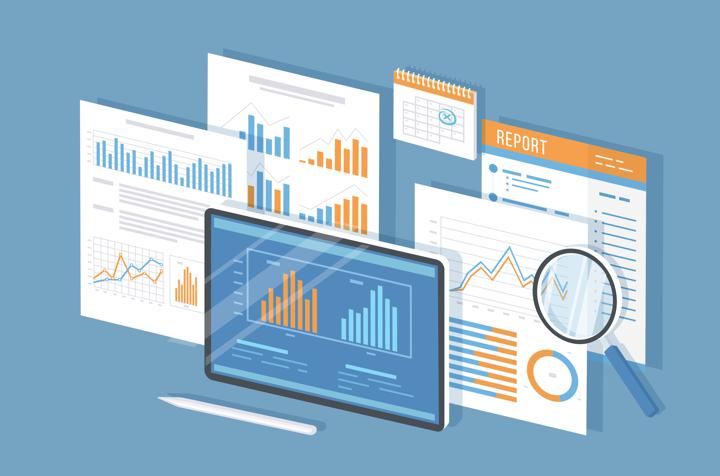 Vector graphic of overlaid reports and charts