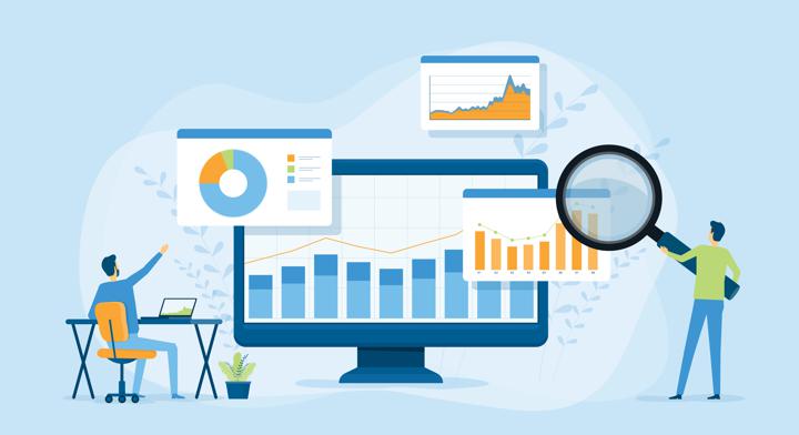 Vector graphic of sales team examining charts