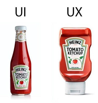 ui vs ux ketchup bottle meme with old school glass upright bottle as UI and the newer upside down squeezable bottle as UX