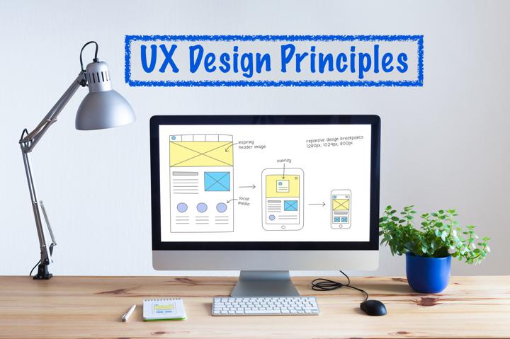 A computer monitor with wireframes on it and a sign above the screen with text 'UX design principles'