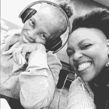 Caregiver with her mom and headphones on