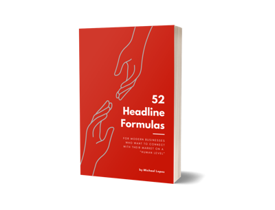 52 Headline Formulas book cover: minimalist style red book with two hands touching to symbolize human connection.
