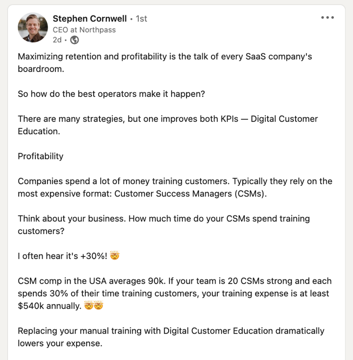 stephen cornwell customer training costs linkedin post